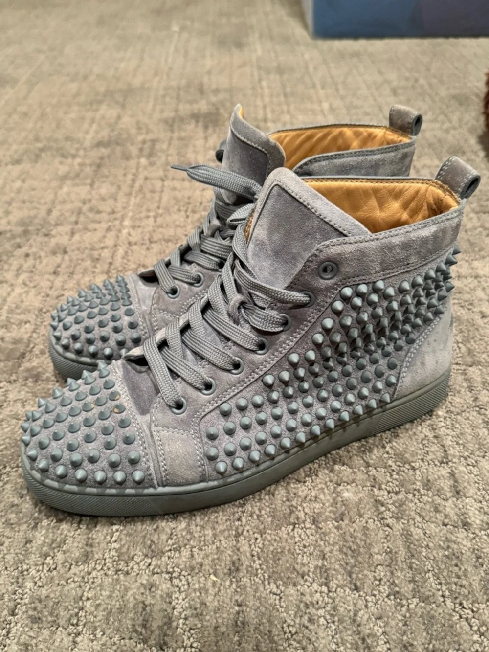 Christian Louboutin Gray Suede Studded High-Top Sneakers - Picture 3 of 6